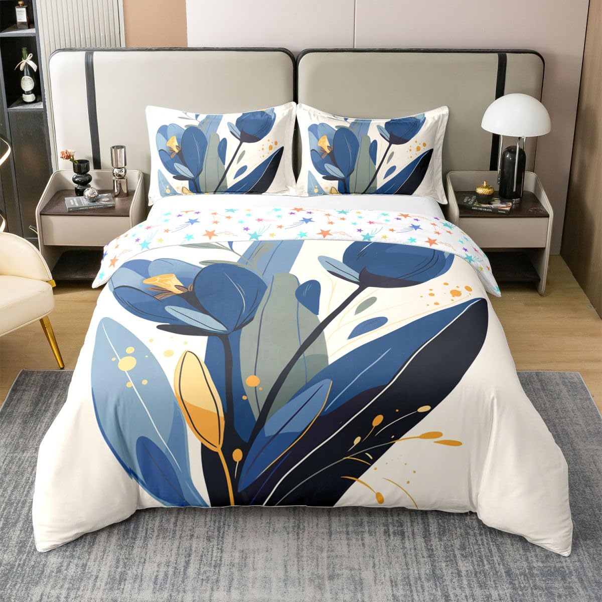 Erosebridal Blue Floral 100% Cotton Duvet Cover Full Blue Beige Bedding Set for Kids Girls Boys Adults Modern Minimalist Comforter Cover Flower Branches Pastoral Bedclothes 3 Pcs