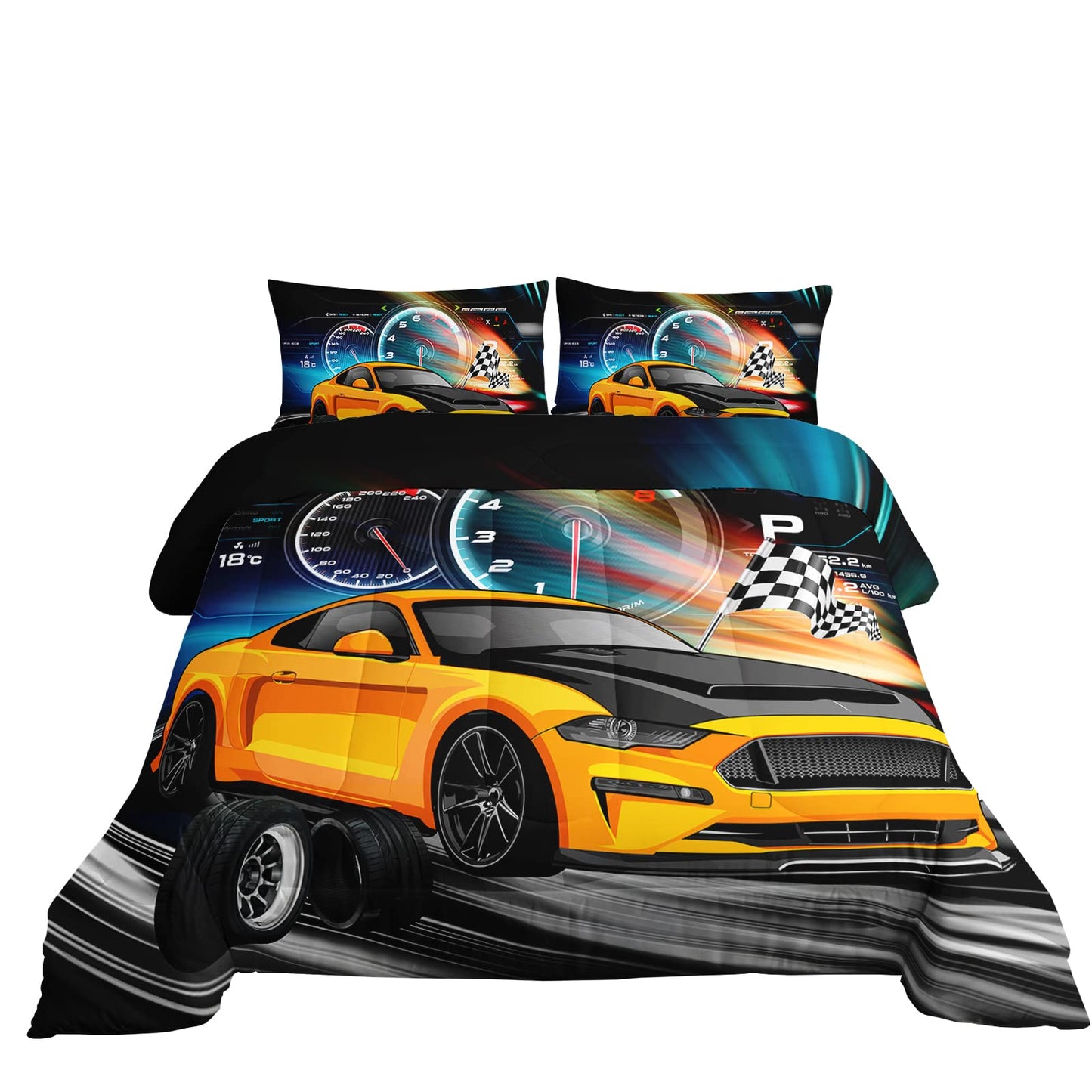 Axolotl Race Car Bedding Set Twin Size, Boys Extreme Sports Comforter Set for Kids Boys Car Racing Gifts, Yellow Cool Comforter Sports Quilt Set 1 Quilt with 2 Pillowcase