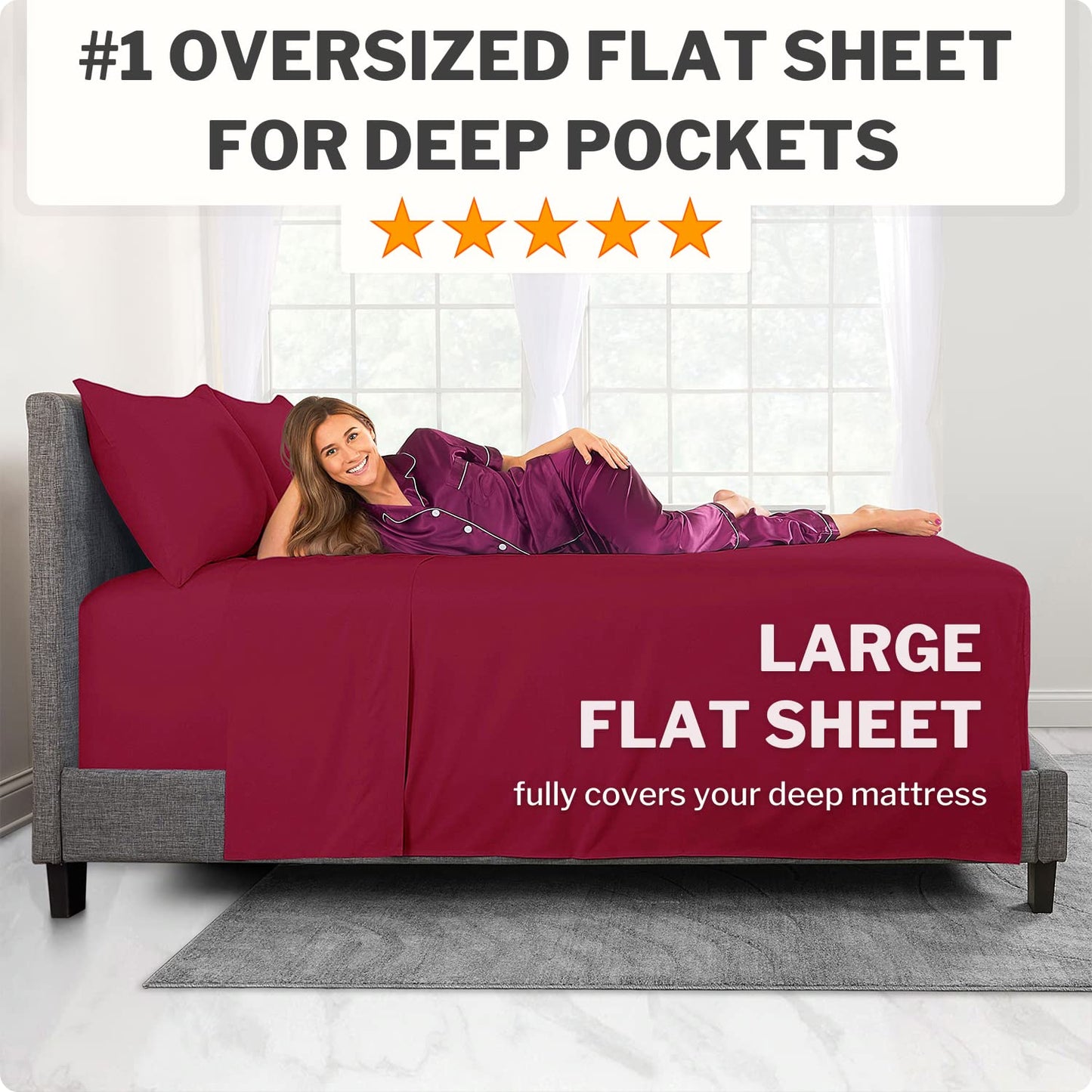 Deep Pocket King Size Sheets – 21” Oversize Bed Linens, 4Piece [Deep Flat Sheet, Fitted, 2X Zippered Pillowcases] – 18”-23” – Red