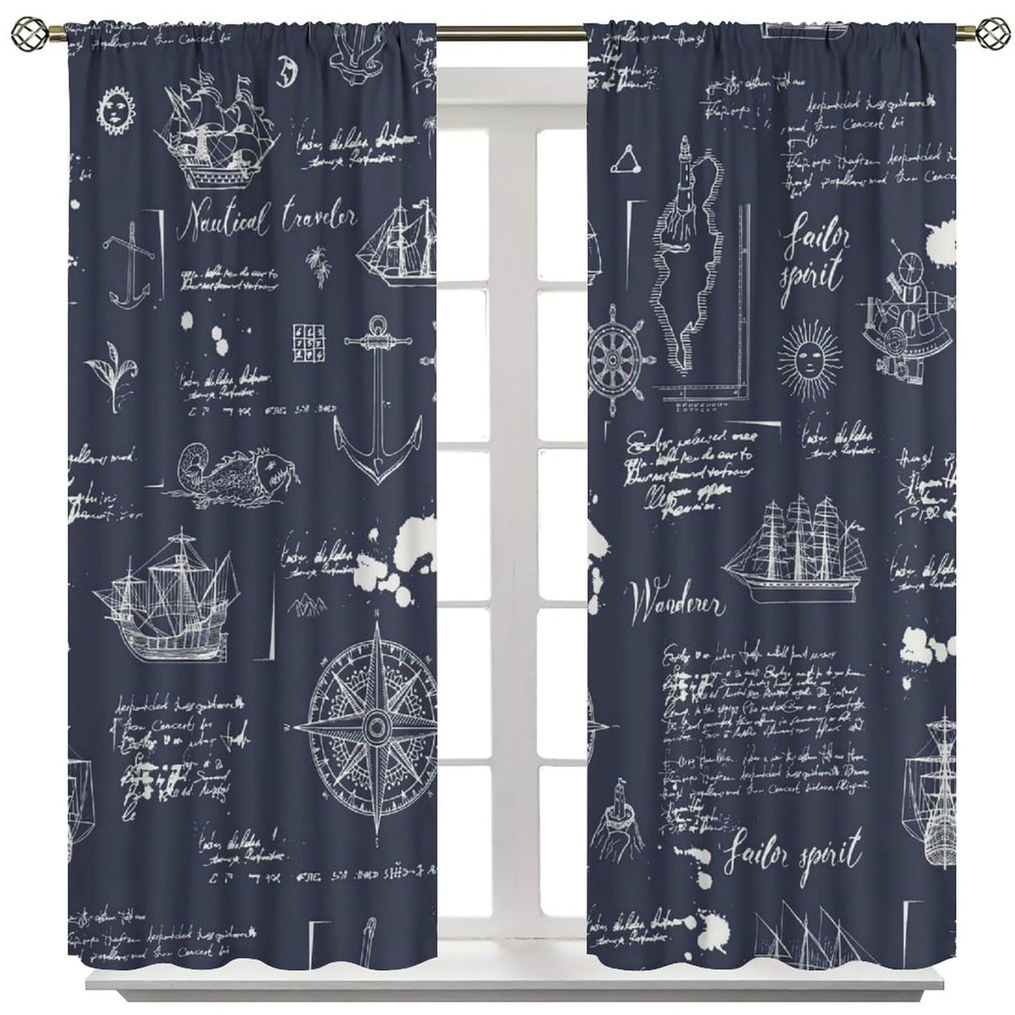 Nautical Sailboat Curtains, Rustic Hand Painted Compass Anchor Window Drapes, for Living Room Bedroom 42" W X 45" L (Decorative)