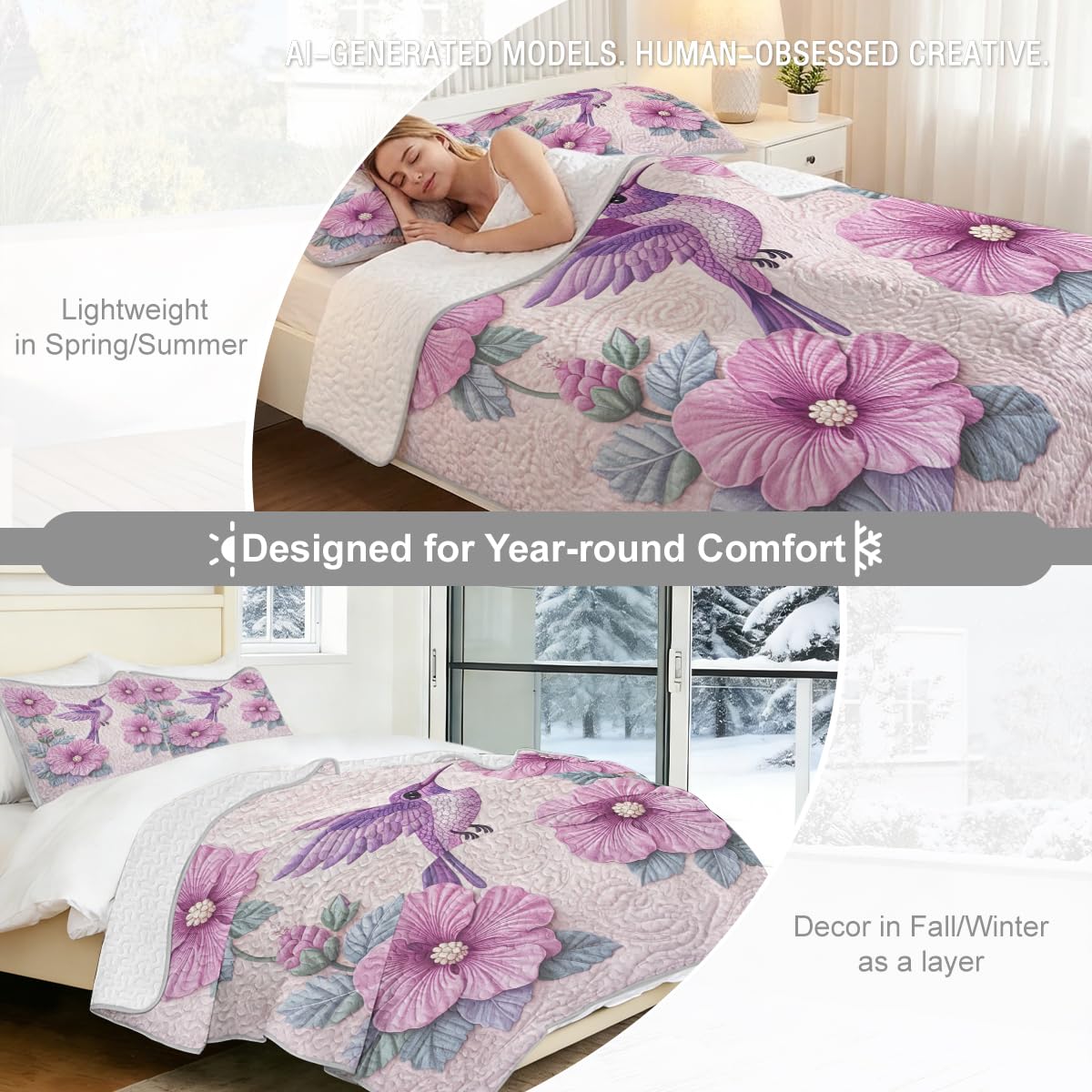 ARIGHTEX Flower Bird Quilt Set Queen Size Floral Heart Hummingbird Bedding Set Lightweight Botanical Quilt Soft Microfiber Bedspread Romantic Coverlet Set with Pillow Shams