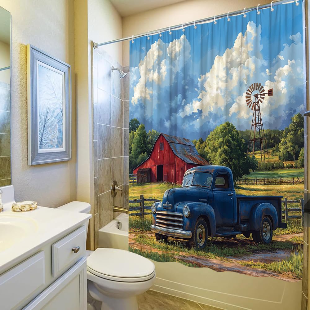 Farmhouse Blue Old Truck Shower Curtain Rustic Cabin Barn Windmill Country Meadow Car Lodge Western Bathroom Accessories Set Polyester with Hook 70Wx70H Inch
