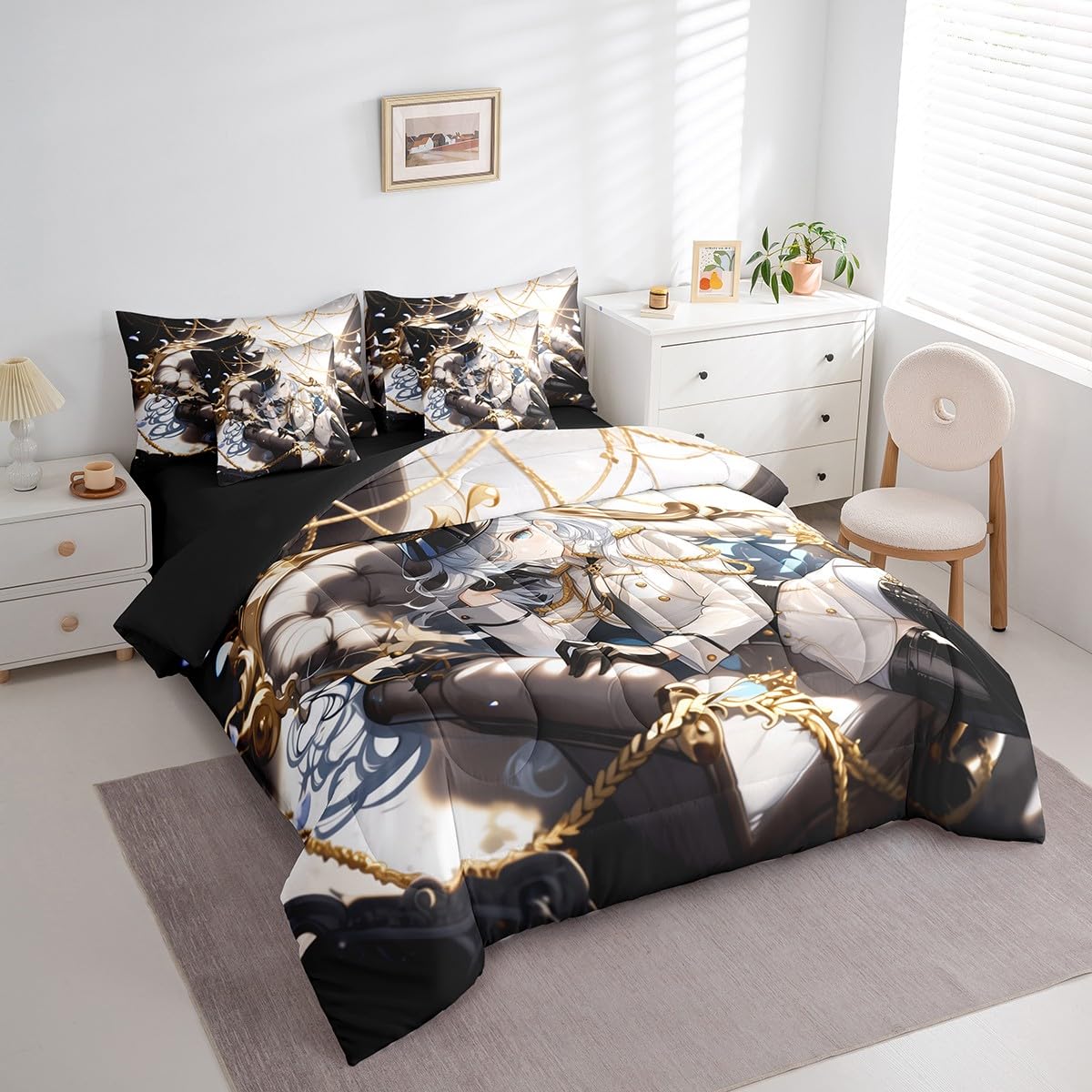 Erosebridal Anime Girl Queen 7 Piece Bedding Set for Kids, Kawaii Japanese Anime Bed in A Bag Cartoon Girl Comforter Set with Sheets for Girls Boys Teens Men Room, Japanese Animation Bed Sets