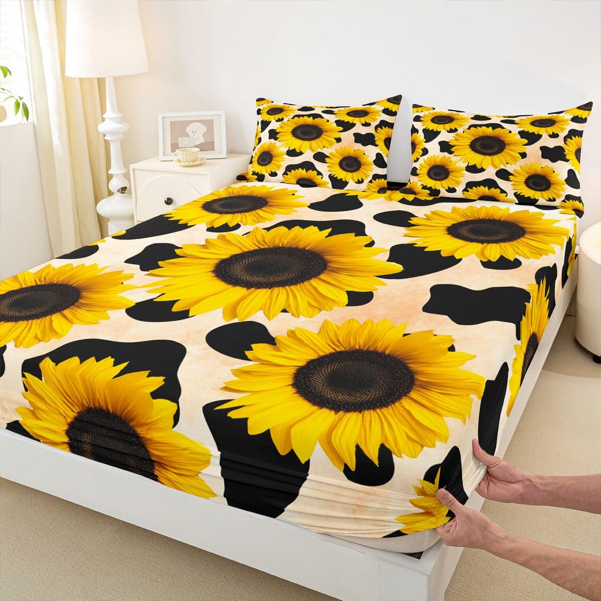 Sunflower Fitted Sheet for Kids Girls Boys Black White Milk Cow Print Bedding Sets Spring Summer Floral Fitted Bed Sheets Highland Cow Farm Theme Sunflower Bedding Twin Size,No Flat/Top Sheet