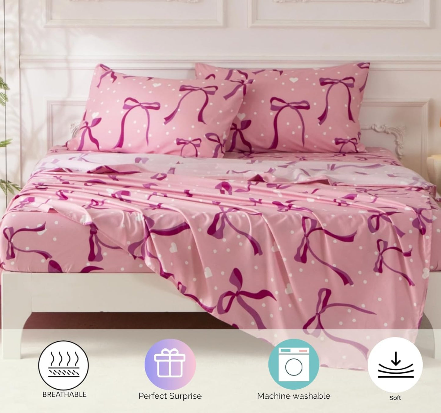 SDY Pink Bow Twin Size Comforter Set, Luxury Soft Bed in a Bag Twin 5 Pieces, All Season Bedding Set with Comforters, Sheets, Pillowcase & Sham