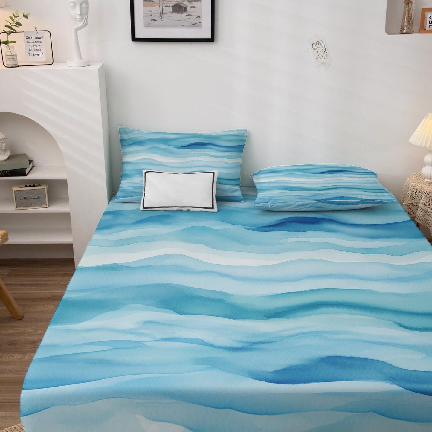 NOGAWA Abstract Wave Sheets Full Size, Coastal Blue Bed Sheets, Patterned Bedding Sheets & Pillowcases 4 Piece Set - Soft Microfiber Deep Pocket Fitted Sheet & Flat Sheet & 2 Pillow Cases
