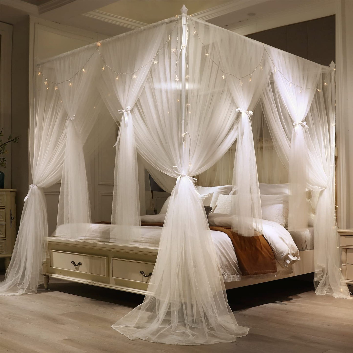VETHIN 4 Corners Post Princess Bed Canopy Curtain Double Layer Cozy Drape Netting 4 Opening Mosquito Net for Girls & Adults Bedroom Decoration Accessories (Double White, 47" W*78" L*82"*H/Twin)