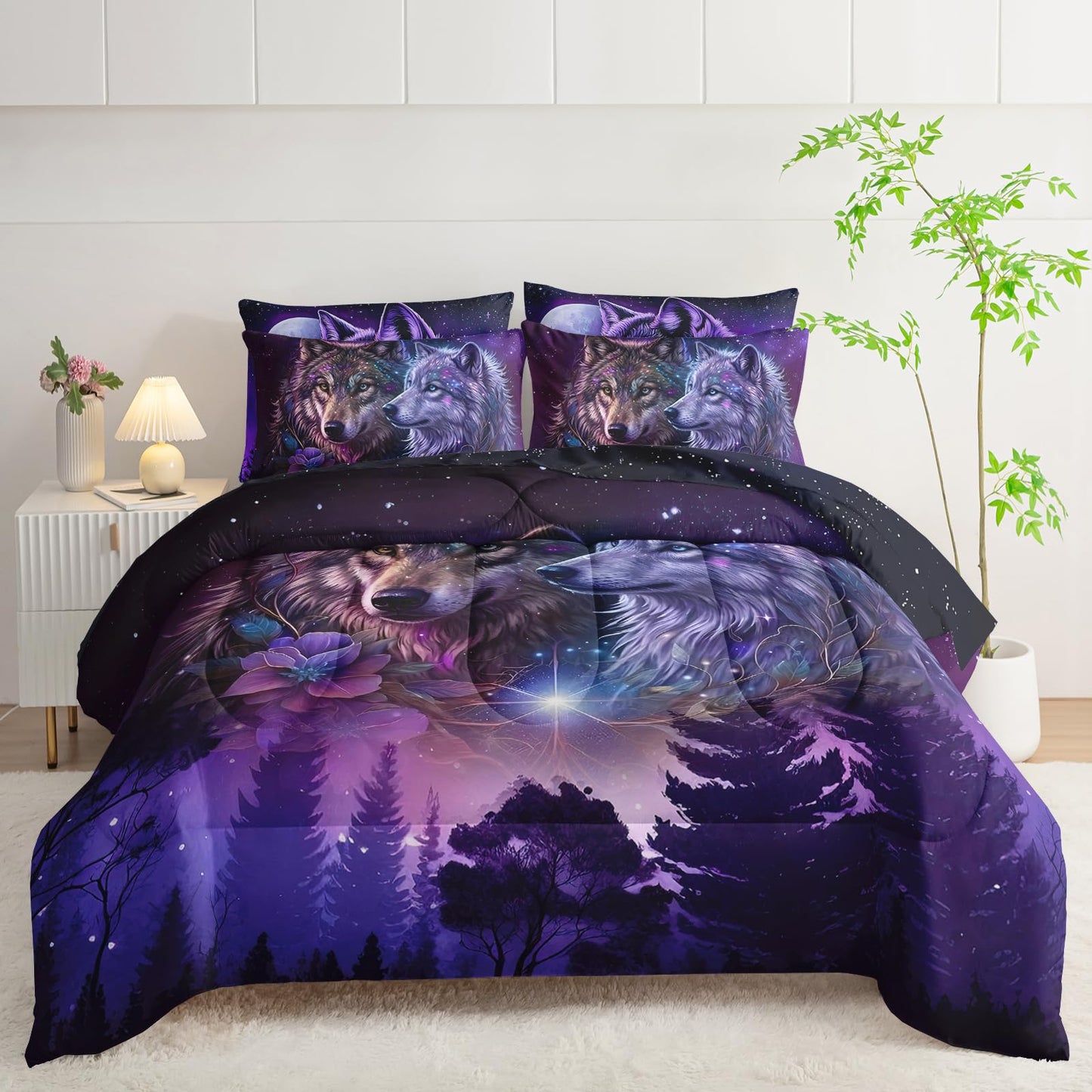 AILONEN Galaxy Wolf Comforter Set Twin Size,7-Piece Soft Bed in a Bag, Purple Starry Wolf Comforter & Fitted Sheet & Flat Sheet & 2 Pillowcases,2 Pillow Shams
