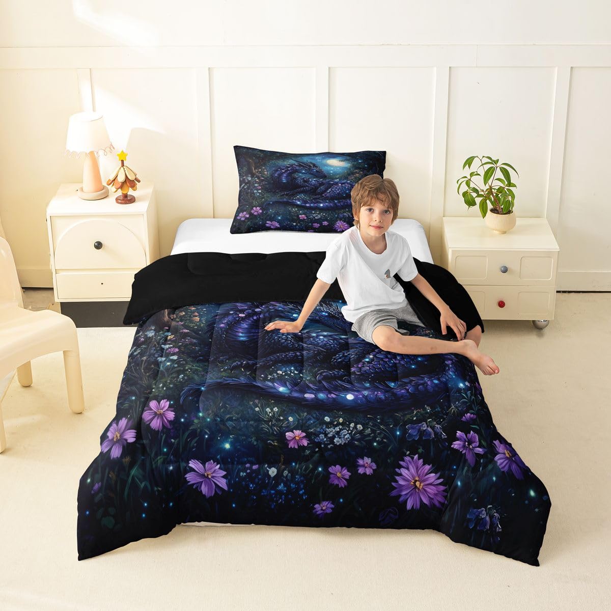 Feelyou Dragon Bedding Set Soft for Boys Girls, Jungle Dragon Comforter Set Twin Size Magical Beast Duvet Quilt Microfiber Fantasy Animal Bedroom Decor Wild Life 2 Pcs with 1 Pillow Cases