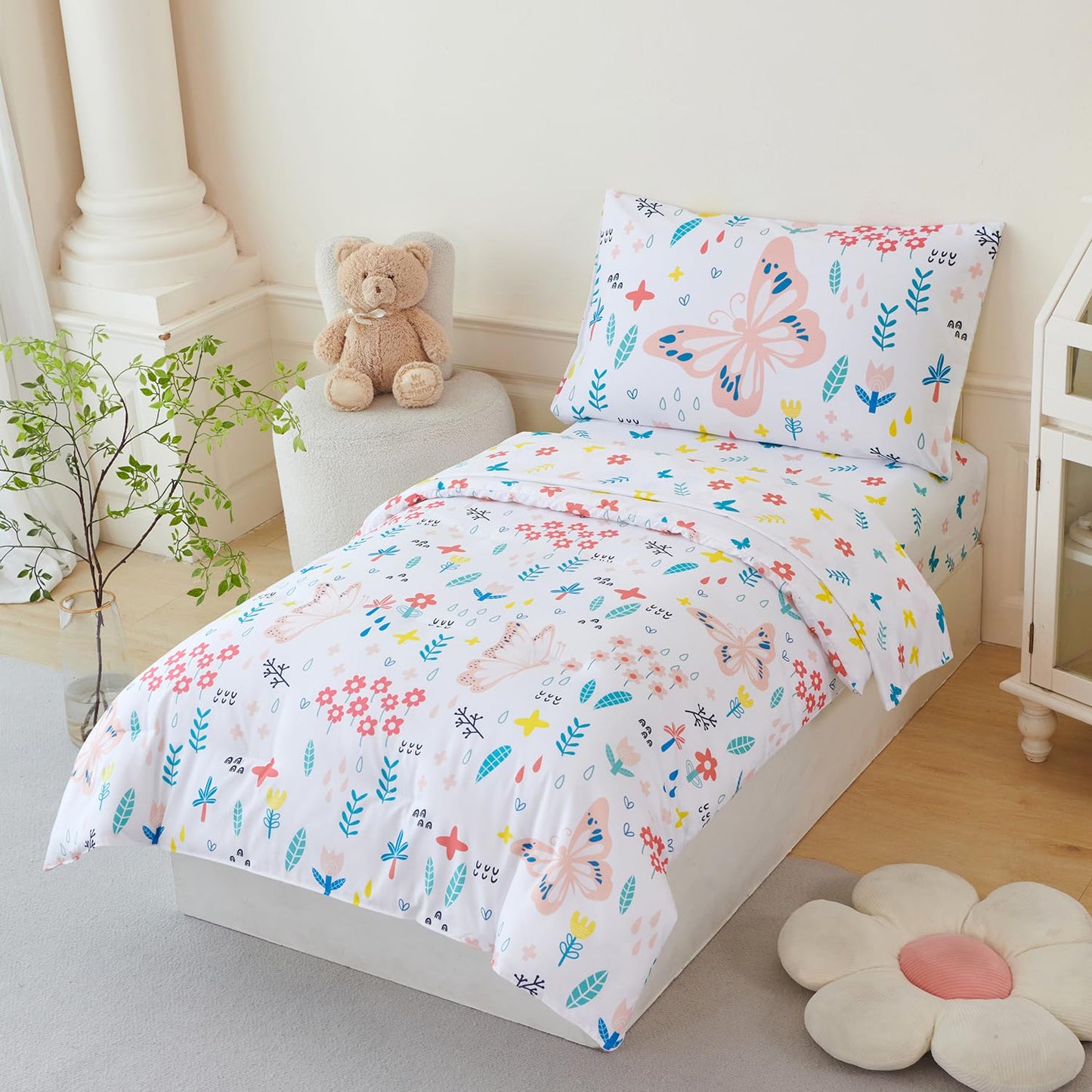 PERFEMET Girls Toddler Bedding Colorful Flower Blossom Comforter Set Butterfly Print Toddler Bedding Sets Ultra Soft Lightweight Bed-in-A-Bag for Toddlers(4 Pieces, White)