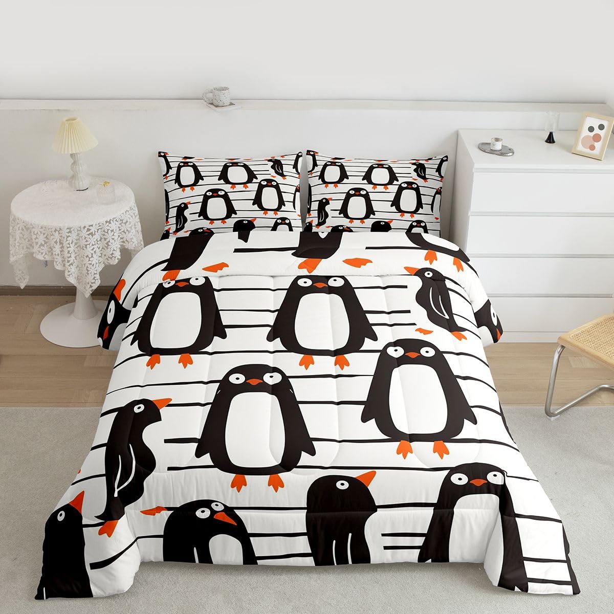 Erosebridal Funny Penguins Comforter Set Queen Black White Penguin Bedding Set Antarctic Animal Theme Comforter for Kids Boys Girls,Lovely Wildlife Pattern Quilt Duvet