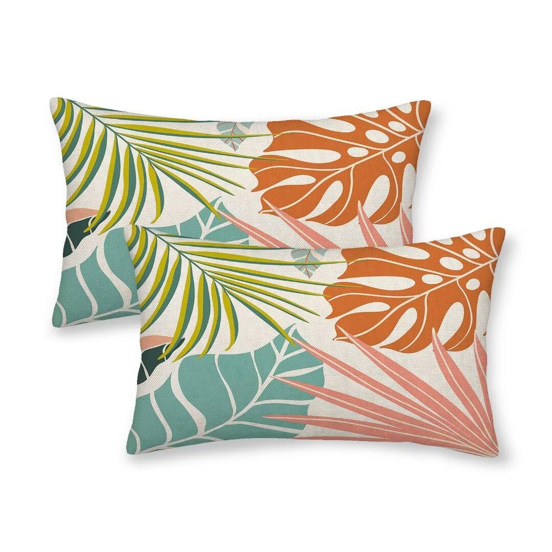 Summer Palm Leaf Pillow Covers 12x20 Set of 2, Coral Tropical Leaf Decorative Outdoor Throw Pillow Covers Green Blue Botanical Farmhouse Cushion Case Linen Square Decor for Home Couch Sofa