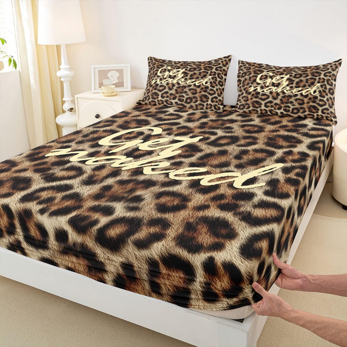 Feelyou Leopard Print Get Naked Fitted Sheet with 2 Pillowcases Full Size Funny Quotes Bed Sheets Set 16" Deep Pocket Boys Girls Brown Bedding Cheetah Teens Bedroom Decor Soft Lightweight Microfiber