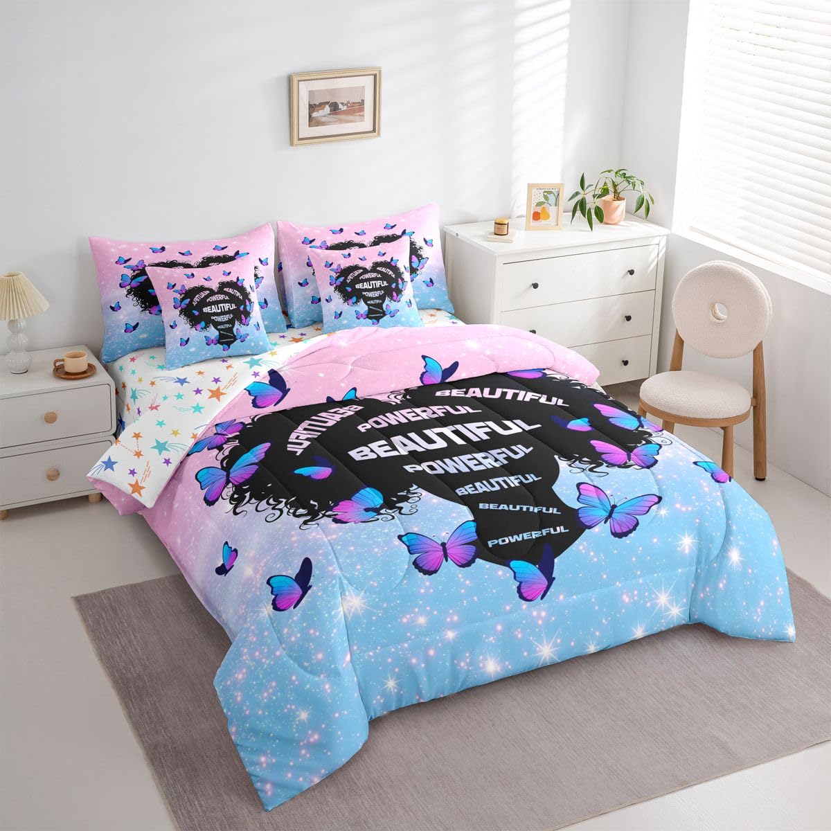 Erosebridal Black Girls Magic Queen Bedding Set Aesthetic Glitter Butterfly Comforter Set with Flat and Fitted Sheet Girl Women Empowering Words 7-Piece Bed in a Bag Blue Pink Gradient Quilt Sets