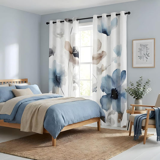 Sanzugh Boho Floral Blackout Curtains 84 Inch Long 2 Panels Set, Cream Tan Beige Watercolor Flower Black Out Patterned Printed Window Curtain for Bedroom Living Room, Grommet Window Drapes