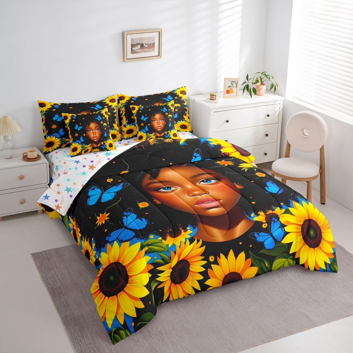 Erosebridal Cute Black Girls Queen Bedding Set Pretty Sunflower Comforter Set with Flat and Fitted Sheet Teen Kids Coquette Blue Butterfly 7-Piece Bed in a Bag Aesthetic Watercolor Floral Quilt Sets