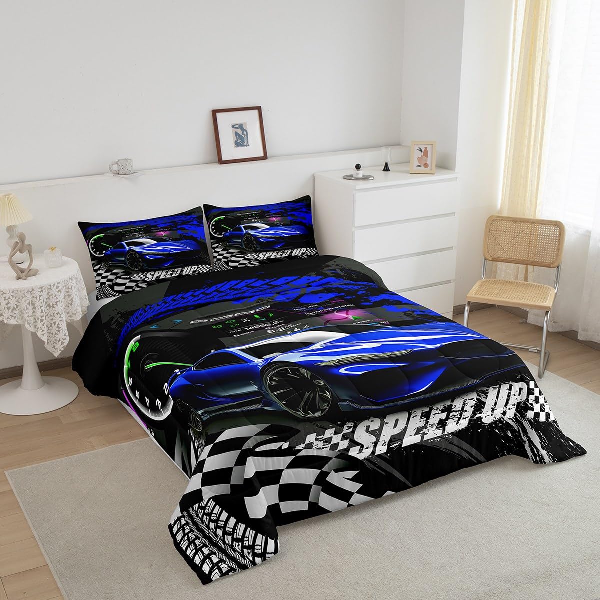 Feelyou Blue Race Car Comforter Twin, Sports Car Comforter Set for Kids Boys Girls Race car Bedding Set Racing Car Duvet Set with 1 Pillow Case