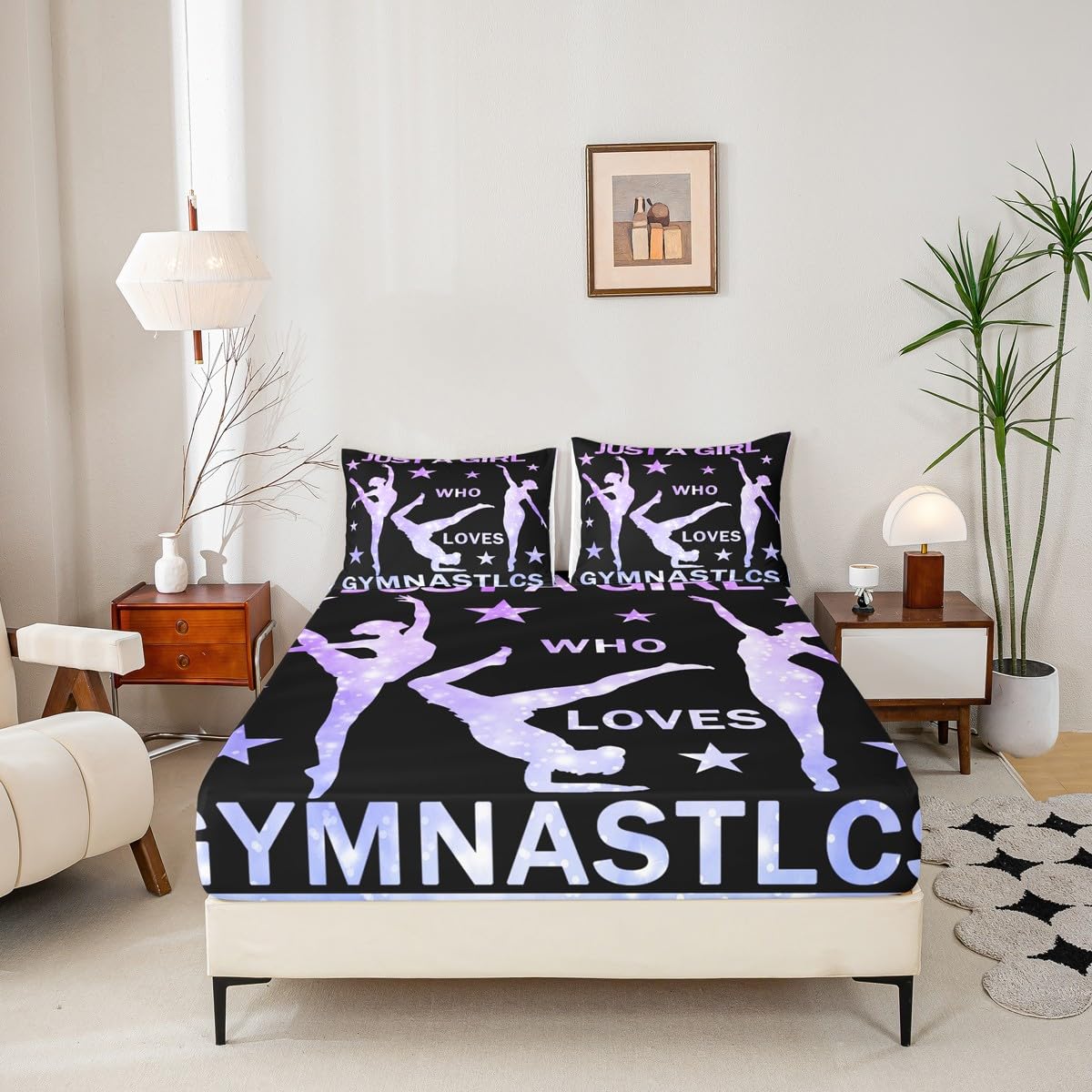 Gymnastics Fitted Sheet Girls Gymnastics Lovers Bed Sheet Set for Daughter Girls Kids Gymnast Sports Decor Bedding Set Purple Glitter Bed Cover Bedroom (No Flat Sheet) Twin Size