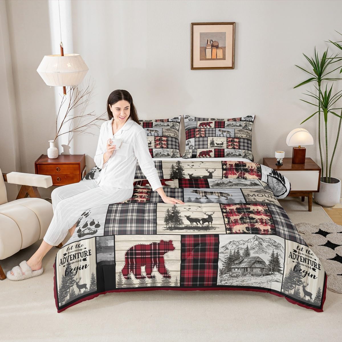 Rustic Cabin Comforter Set Queen Woodland Wolf Deer Bear Comforter For Kids Adults,Red Black Buffalo Plaid Bedding Set Wildlife Camping Lodge Mountain Quilt Bedding Southwestern Farmhouse Decor