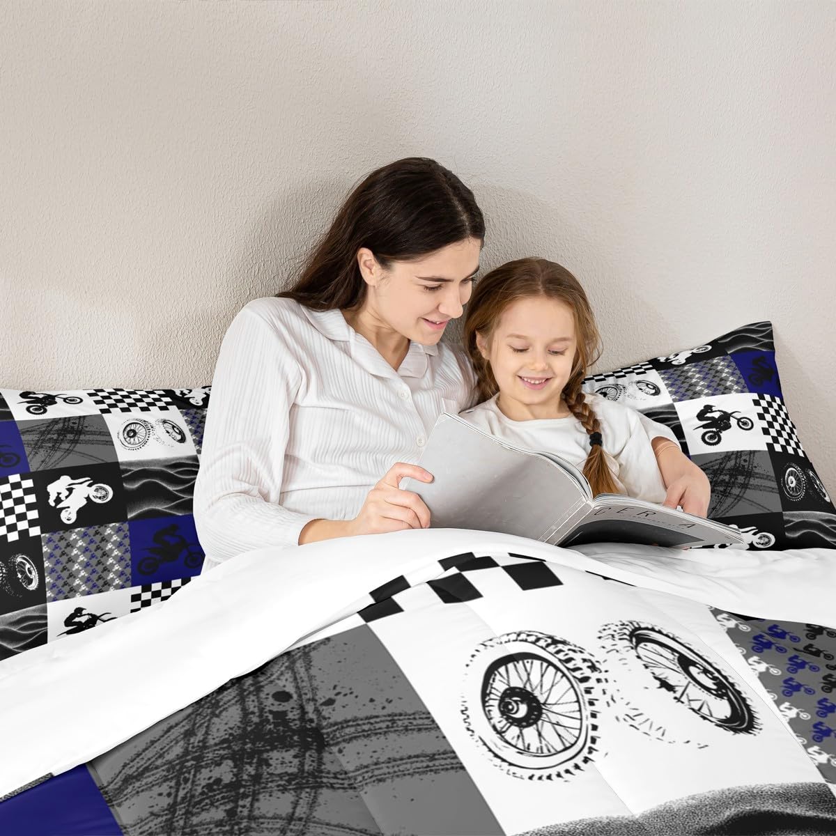 Dirt Bike Comforter Set, Motocross Rider Bedding Comforter Sets King, Motorcycle Grunge Down Comforter for Kids Boys Adult Men, Motorbike Extreme Sport Game Comforter, Buffalo Plaid, Blue Grey Black