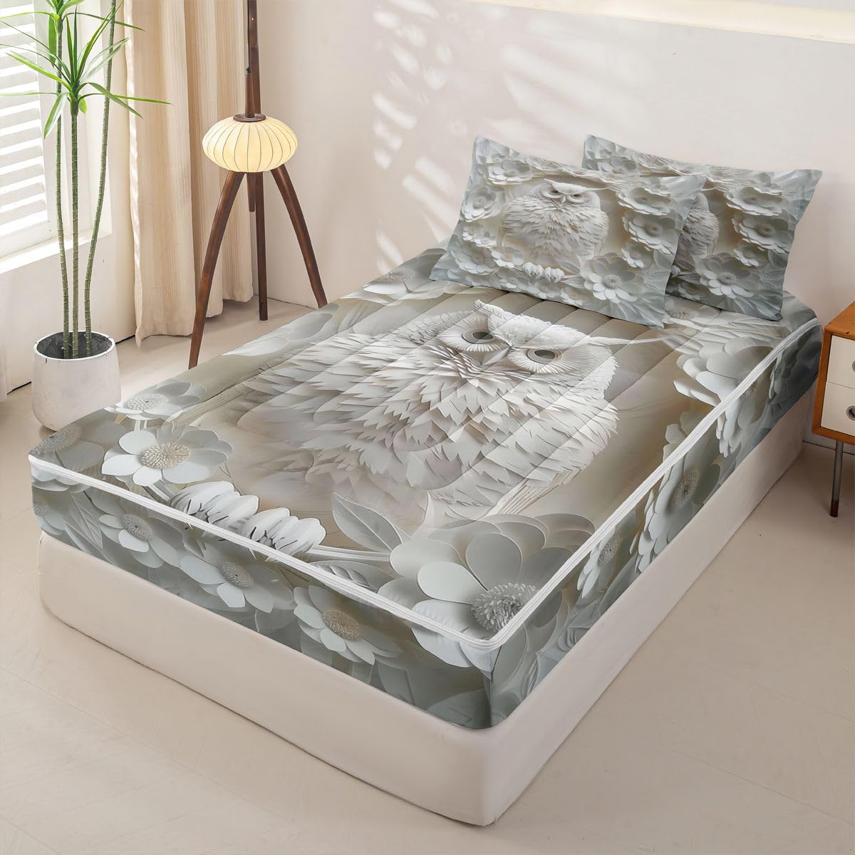 Erosebridal Owl Zip Up Comforter Set 3D Paper Art Twin Zipper Bedding Wild Animal Floral Bed Set with Sheets Aesthetic Boho Bed in a Bag Bedroom Decor