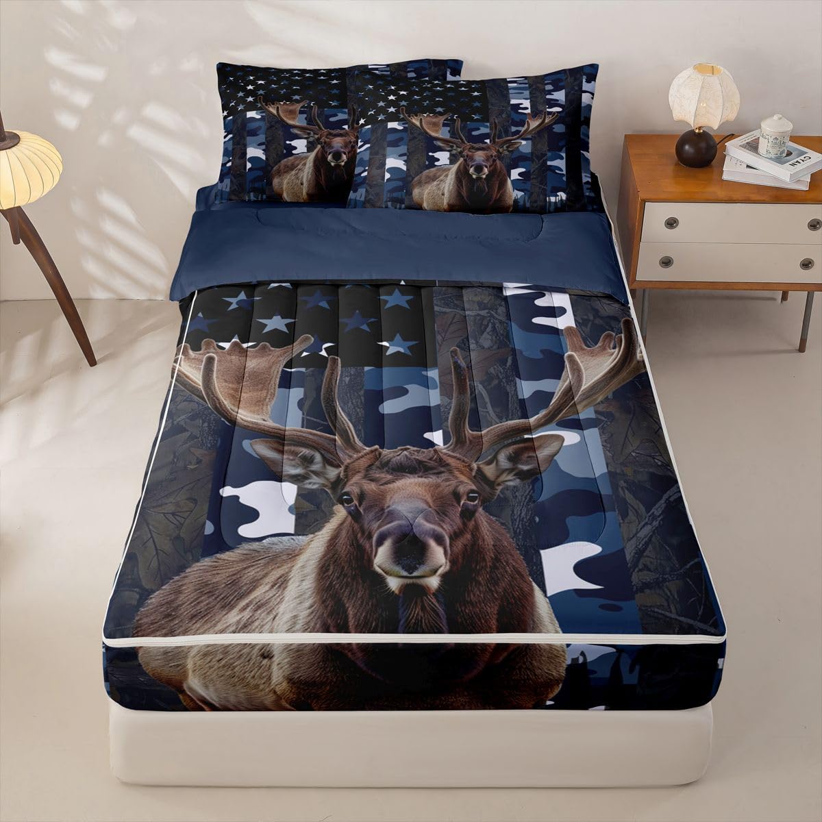 jejeloiu Moose Elk Hunting Camo Zipper Bedding Sets for Kids Boys Girls Rustic Western Deer Twin Comforter Set with Fitted Sheet American Flag Bedroom Decor Microfiber with 2 Pillow Cases