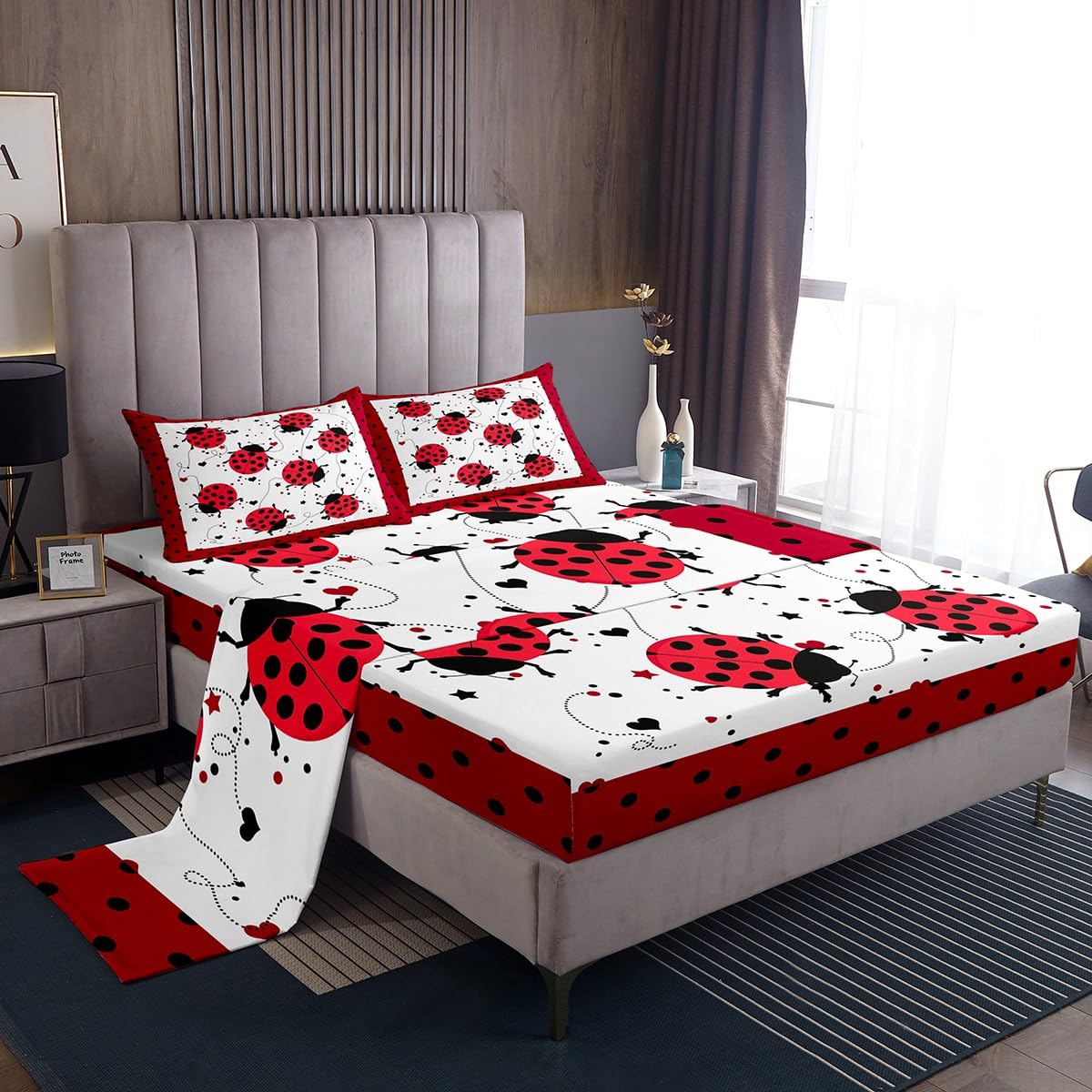 Red Ladybug Fitted Sheet Full Size Cartoon Ladybugs Sheet Set for Kids Child,Cute Ladybird Reptile Bed Sheets Beetles Bugs Pattern Flat Sheet Chic Nature Art Lady Beetle Wild Animal Room Decor