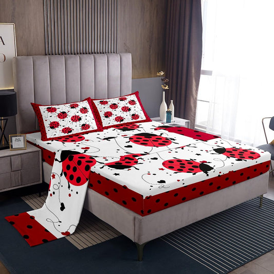 Red Ladybug Fitted Sheet Full Size Cartoon Ladybugs Sheet Set for Kids Child,Cute Ladybird Reptile Bed Sheets Beetles Bugs Pattern Flat Sheet Chic Nature Art Lady Beetle Wild Animal Room Decor