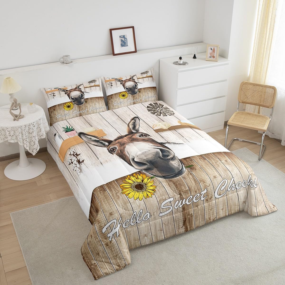 Manfei Cute Donkey Comforter Set Twin Size, Farm Animal Theme Bedding Set 2pcs for Kids Boys Teens Bedroom Decor, Rustic Style Wooden Stripe Print Quilt Set with 1 Pillowcase