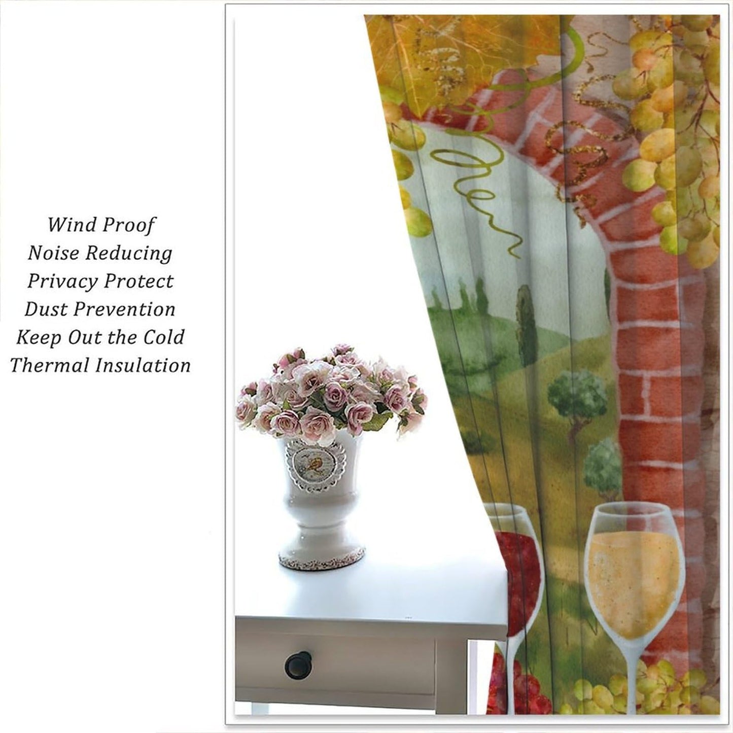 GoDazzling Red Wine Blackout Curtains, Watercolor Pattern Bottles Glasses Grapes Retro Abstract Window Drapes, for Living Room Bedroom 42" W X 45" L