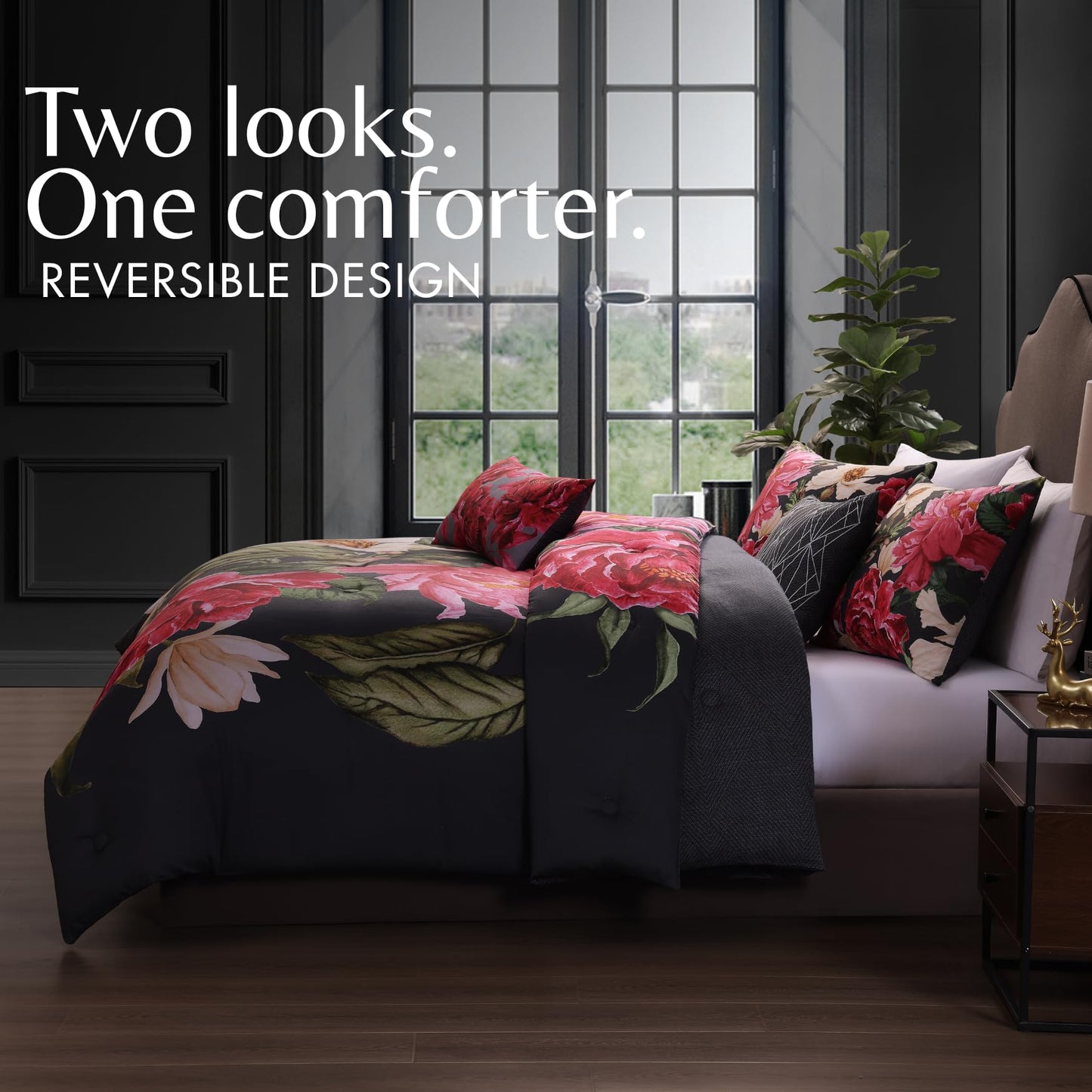 Bebejan Flower Garland 5 Piece Comforter Set, 100% Cotton Sateen, 220 Thread Count, Grey Reversible Bedding Comforter Set, 1 Comforter, 2 Shams & 2 Pillows (King/Cal King)