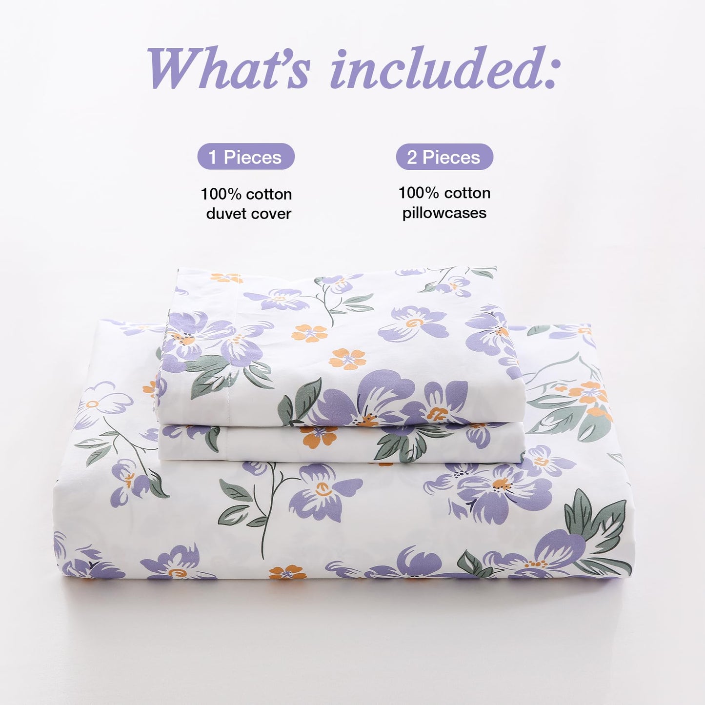 Ocharo Purple Floral 100% Cotton Duvet Cover King Size,Reversible Modern Orange Floral Bedding Set Cotton with Zipper Closure,Soft 3 Pieces Chic Abstract Flowers Comforter Cover with 2 Pillow Shams