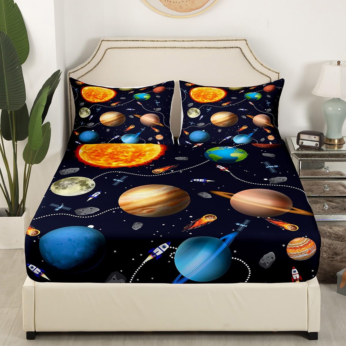 Erosebridal Solar System Sheet Set Full,Astronomy Planets Bed Sheets for Kids Boys Girls,Child Outer Space Theme Bedding Set Bedroom Decor,Rocket Starry Sky Fitted Sheet + Top Sheet + 2 Pillowcases