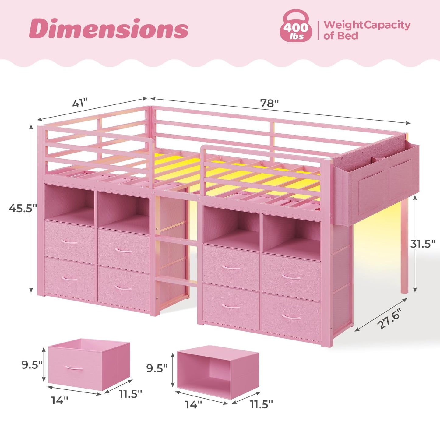 ADORNEVE Low Loft Bed Twin Size with 8 Storage Drawers, Twin Loft Bed with Bookcase and LED Lights, Metal Kids Loft Bed with 14" H Safety Guardrail, Under-Bed Play Space, No Box Spring Needed, Pink
