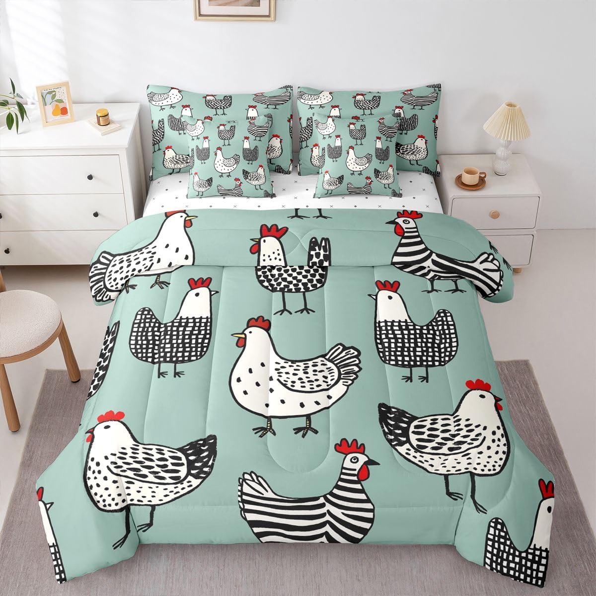 Erosebridal Chicken 7 Pcs Bedding Set King Cartoon Chick Comforter Set with Sheets Cute Farmhouse Animal Bed in A Bag Teal Black Bedroom Decor