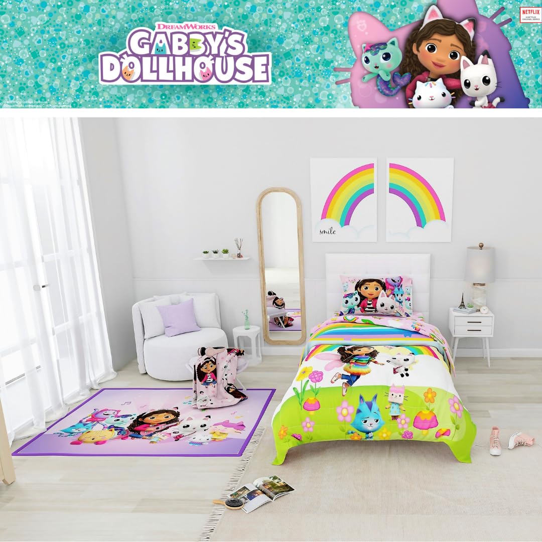 DreamWorks Gabby's Dollhouse Cakey, Mercat and Pandy Kids Bedding Super Soft Comforter and Sheet Set, 4 Piece Twin Size, (Official Licensed Product) by Franco