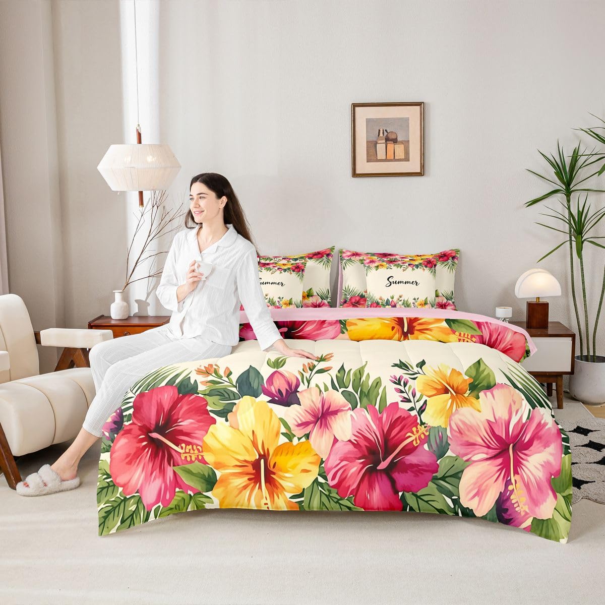 Erosebridal Tropical Hibiscus Queen Bedding Set Pink Yellow Watercolor Floral Comforter Set Girls Women Summer Hawaiian Flower 7-Piece Bed in a Bag Beach Vacation Art Quilt Sets