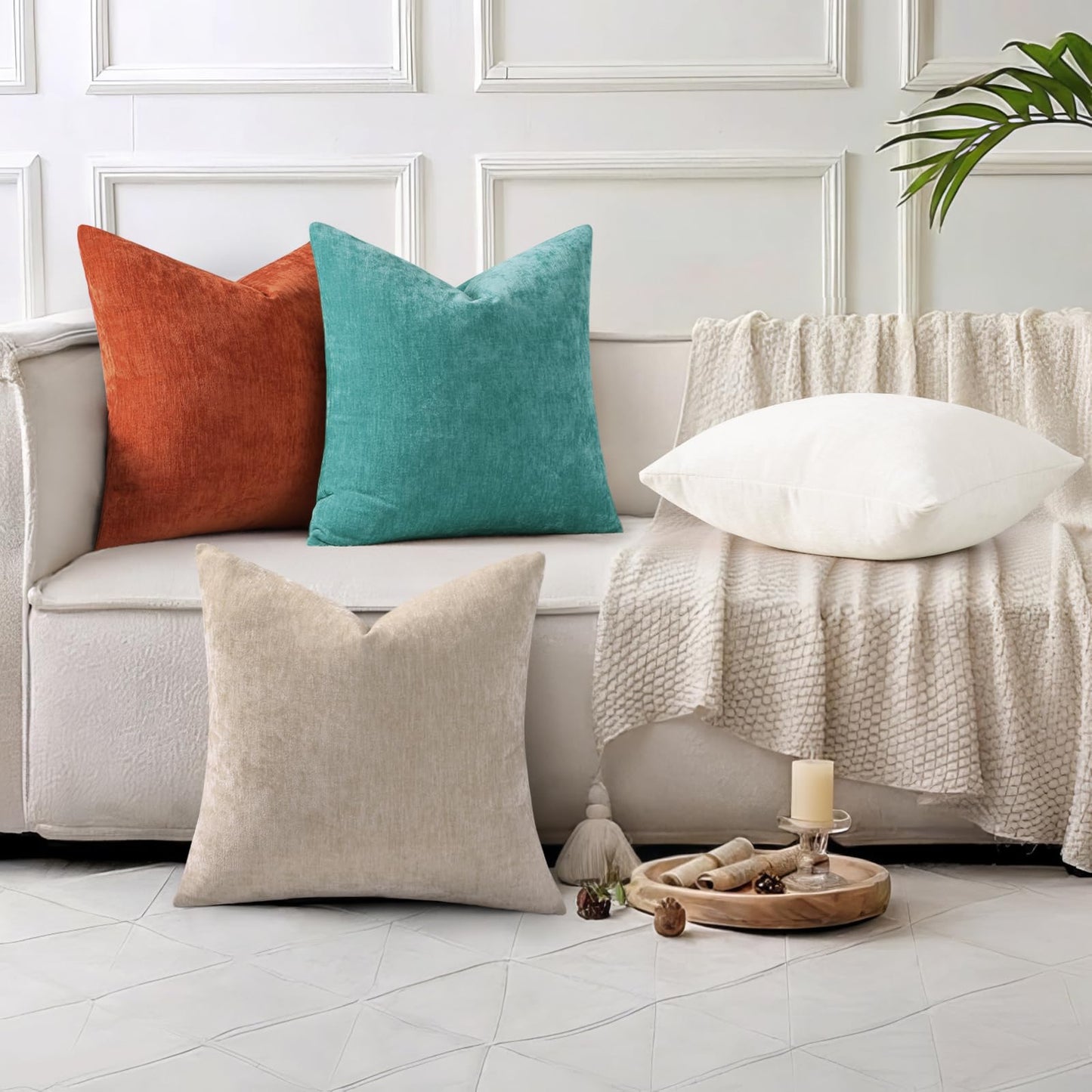 decorUhome Chenille Turquoise Summer Throw Pillow Covers 18x18 Inch Set of 2, Decorative Soft Couch Pillow Covers Solid Dyed Accent Farmhouse Neutral Square Pillow Cases for Sofa