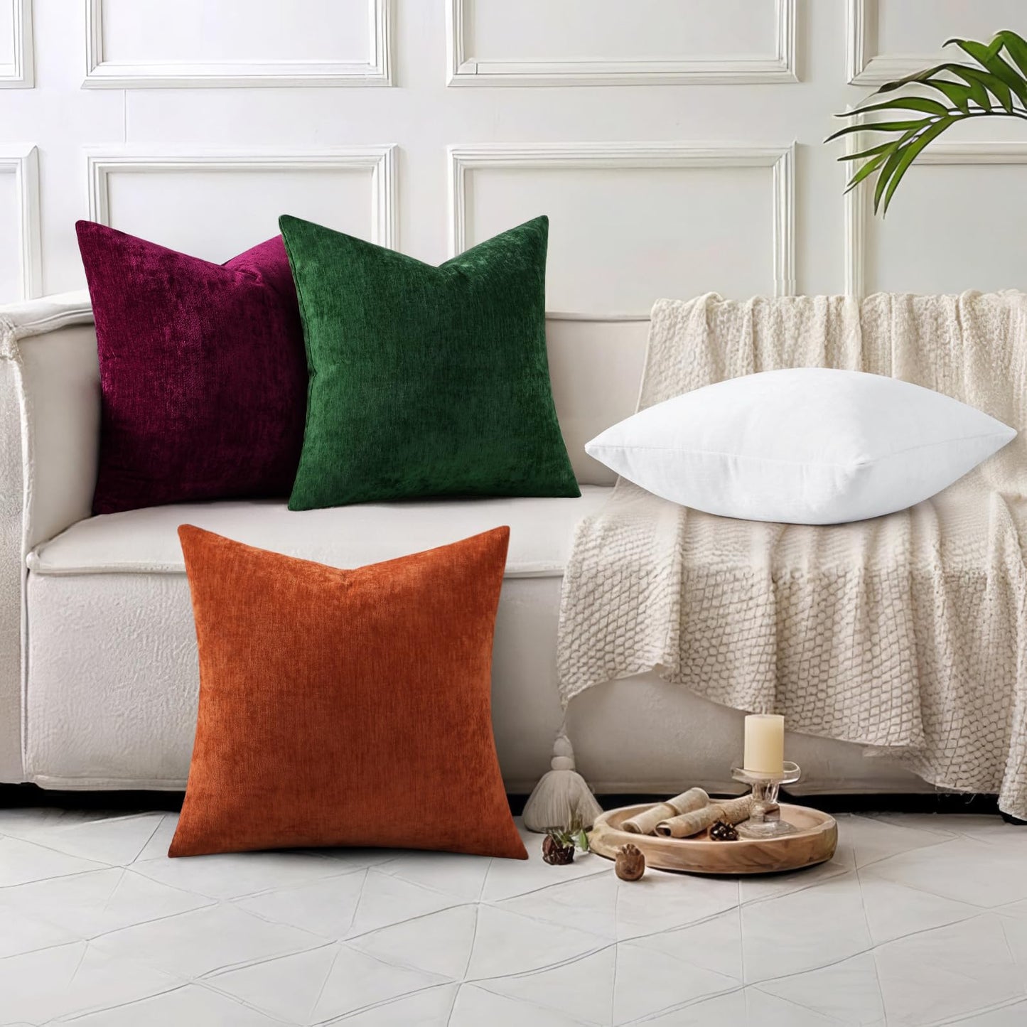 decorUhome Chenille Moss Green Throw Pillow Covers 18x18 Inch Set of 2, Decorative Soft Couch Pillow Covers Solid Dyed Accent Farmhouse Neutral Square Pillow Cases for Sofa