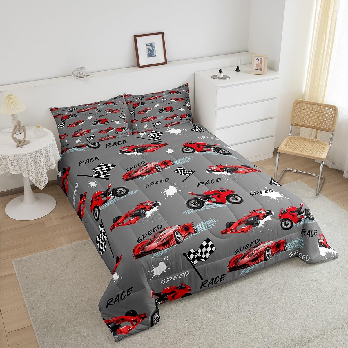 Feelyou Kids Red Grey Race Car Comforter Set Twin Size, Speed Sports Car Comforter Boys Girls Dirt Bike Motocross Bedding Set Racing Car Teens Duvet Set Bedroom Decor with 1 Pillow Case