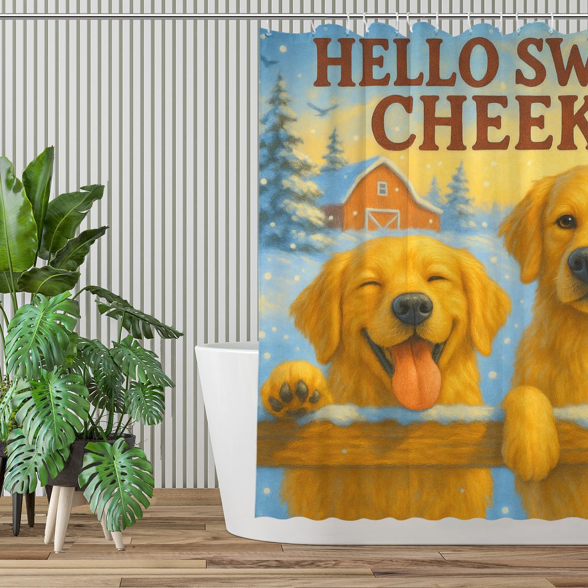 REZHOCH Shower Curtain Farm Funny Golden Retriever Durable Waterproof Fabric Bathtub Sets Cute Animals Winter Home Bathroom Decor Decoration Hello Sweet Cheeks 72x72inch with 12 Hooks