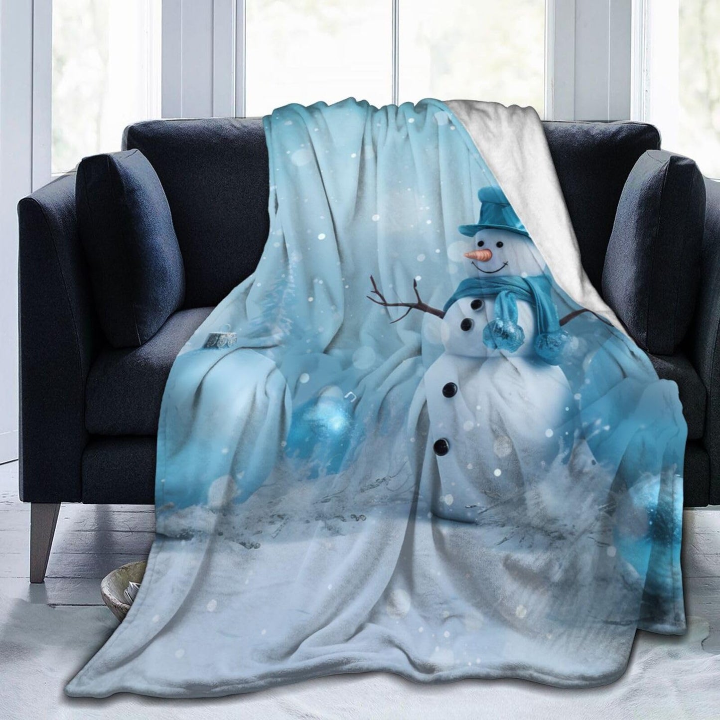 Christmas Snowman Ultra-Soft Flannel Throw Blankets, Blue Night Blanket for Bed Couch Sofa, All Seasons Home Camper Travel 60"x50"