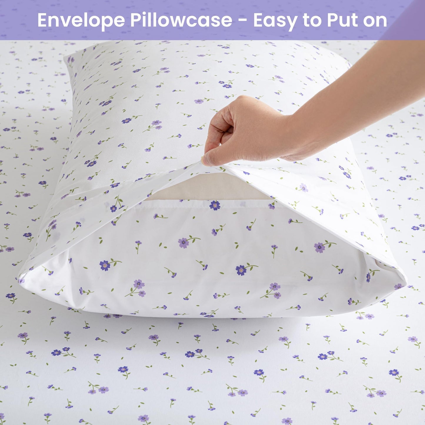 Softan Purple Floral King Bed Sheet Set, Cozy Microfiber Patterned Fitted Sheets with 15" Deep Pocket & Non-Slip Straps, Cute Purple Flower Printed Sheets & Pillowcase Set King