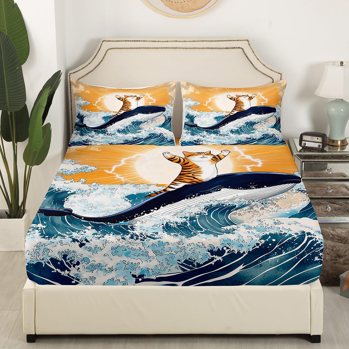 Feelyou Cute Cat Whale Bedding Sheets Full Japanese Ukiyoe Theme Bed Sheet Set for Adult Kids Cartoon Anime Fitted Sheet Navy Blue Bed Cover 3Pcs,1 Fitted Sheet+2 Pillow Sham（No Flat Sheet）