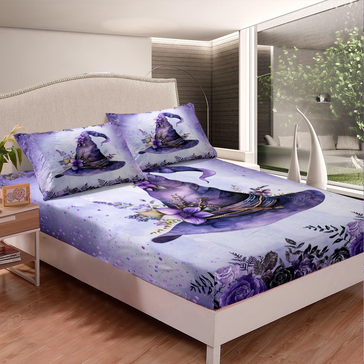 Romantic Purple Fitted Sheet Queen Size,Kids Party Halloween Theme Soft Bed Cover(1 Fitted Sheet+1 Pillow Case),Cartoon Hat Flowers Breathable Mattress Cover