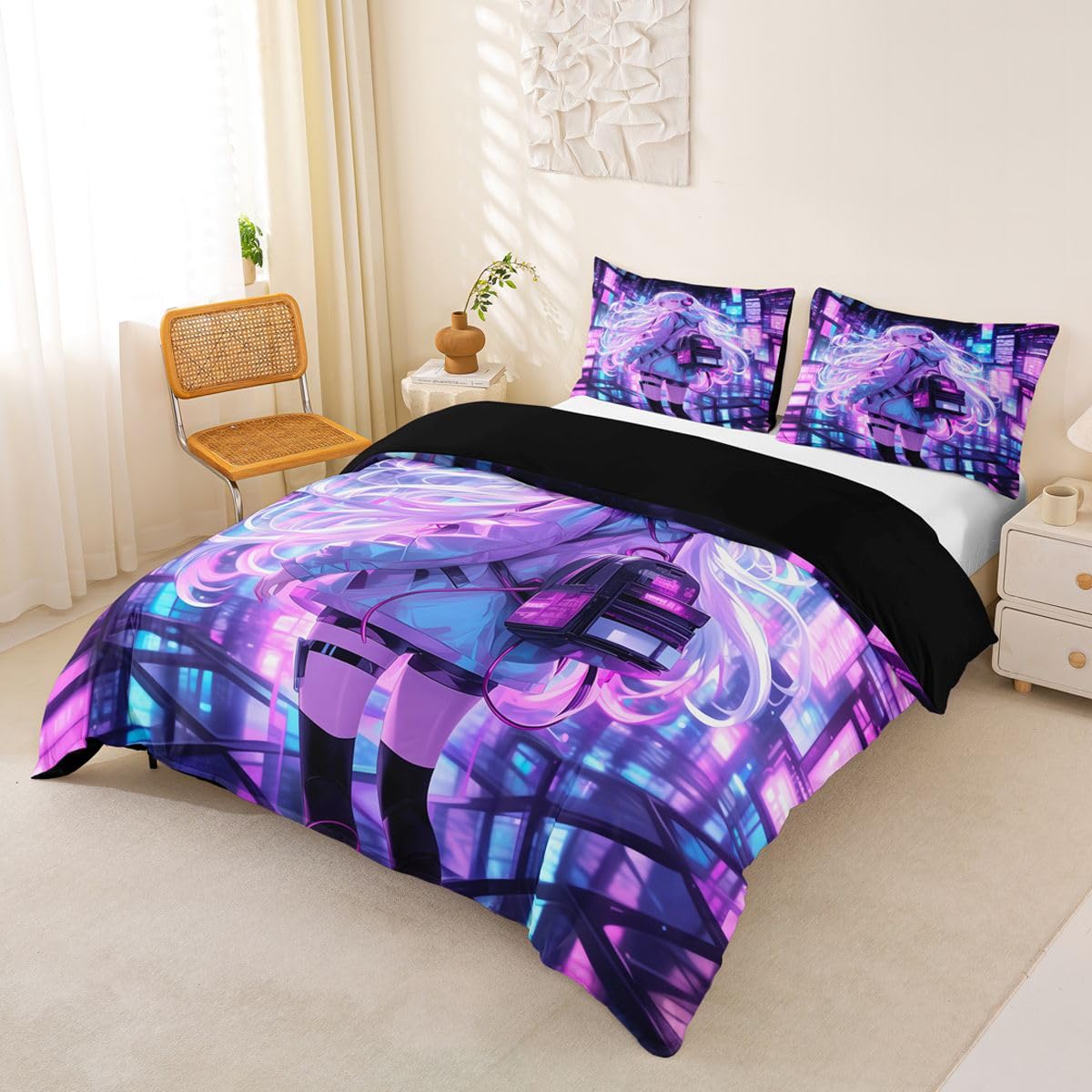 Erosebridal Japanese Girl Bedding Set Girly Anime Twin Down Comforter for Kids,Sci Fi Style Gaming Comforter Set Room Decor 2 Pcs,3D Cartoon Anime Girl Duvet Insert 1 Pillow Case