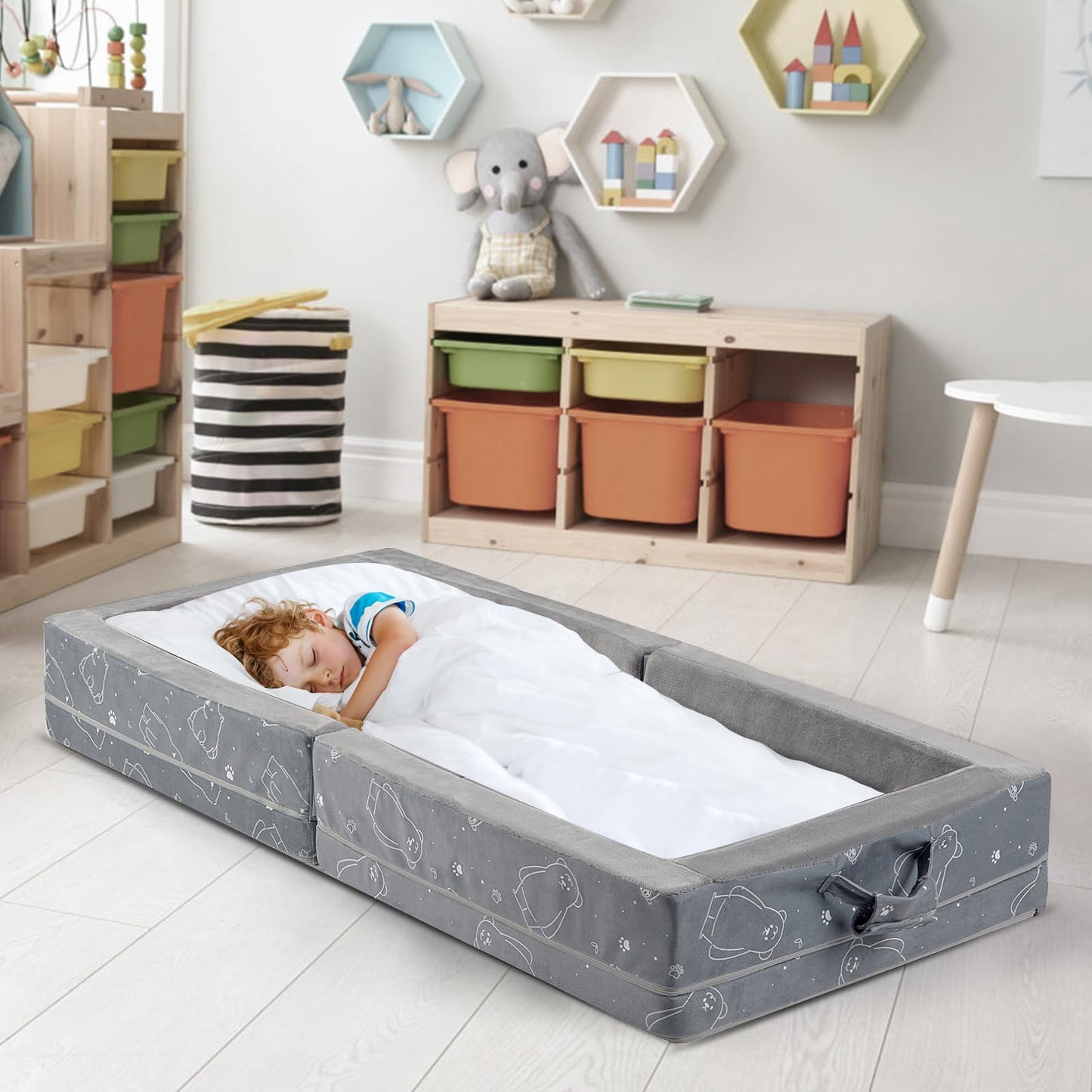 Umoving Portable Toddler Travel Bed – Foldable Soft Foam Floor Crib with Washable Cover, Built-in Safety Rails, No Assembly, Compact for Travel & Home Use, Grey