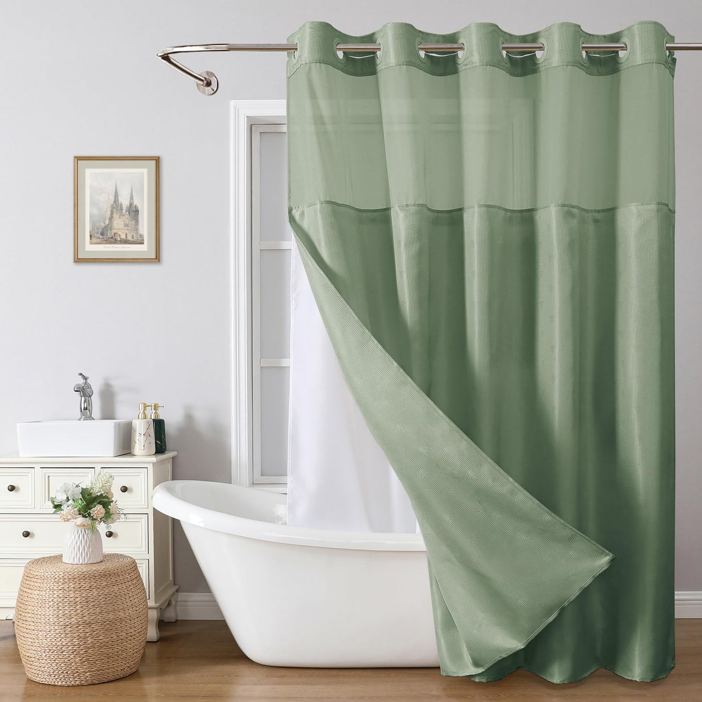 eachope Extra Long No Hook Shower Curtain with Snap-in Fabric Liner Set,Boho Arch Textured Fabric Fabric Shower Curtain for Bathroom with Sheer Window,Waterproof & Washable,71 x 86,Green