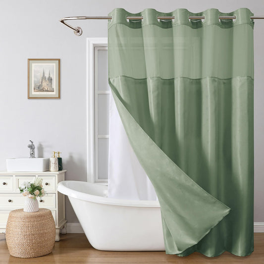 eachope Extra Long No Hook Shower Curtain with Snap-in Fabric Liner Set,Boho Arch Textured Fabric Fabric Shower Curtain for Bathroom with Sheer Window,Waterproof & Washable,71 x 86,Green