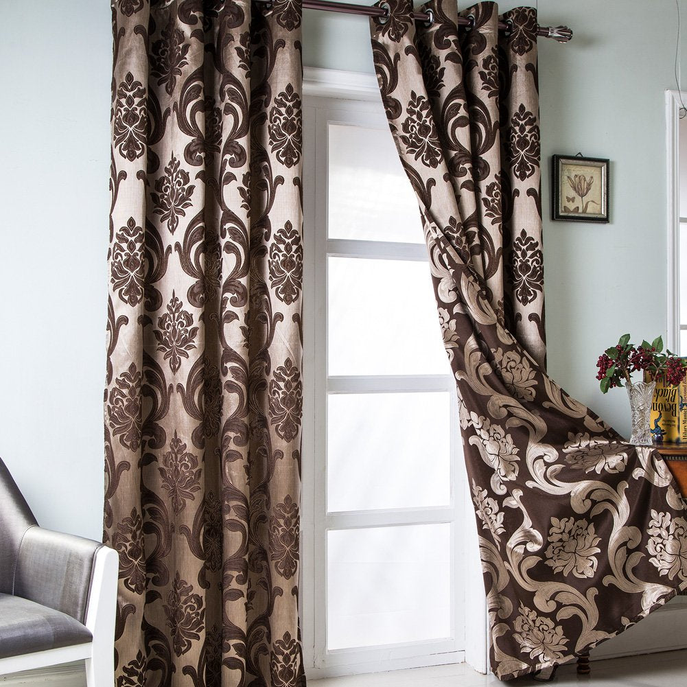 NAPEARL Brown Curtains for Living Room, Jacquard Curtain Drapes for Windows 84 Inch Length, Grommet Damask Curtains for Bedroom (2 Panels, Each 52 x 84 Inches)